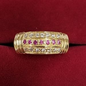 18k Solid Gold Simulated Ruby & CZ Ladies Ring